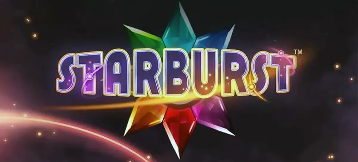 Starburst slot title screen showing the glowing “STARBURST” logo over a dark space background with colourful faceted gemstones and light streaks.