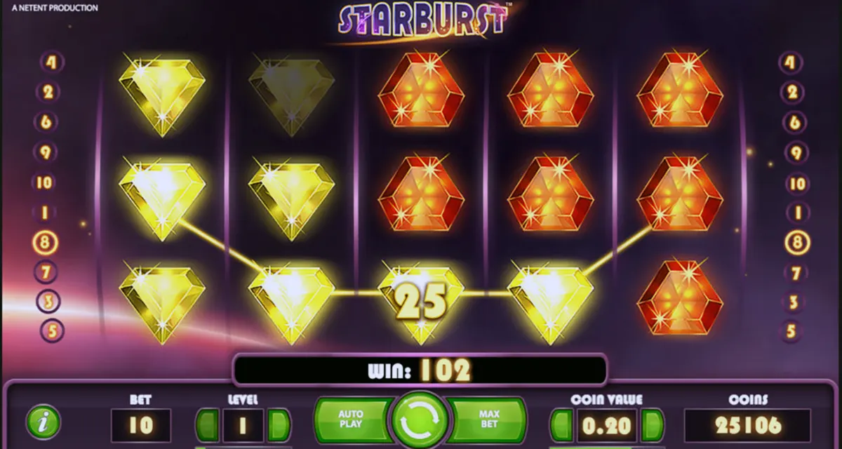 Screenshot of the Starburst slot game showing five reels filled with sparkling yellow diamond and orange gem symbols, a highlighted winning payline with a “25” gem in the centre, and the game controls and win amount displayed along the bottom.